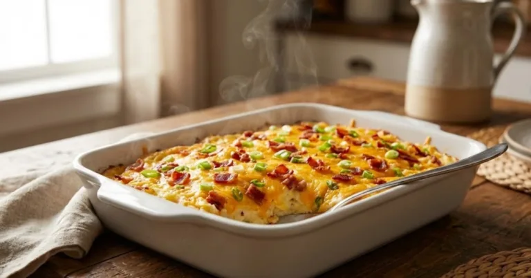 Twice baked potato casserole with melted cheddar cheese, turkey bacon, and green onions in a baking dish