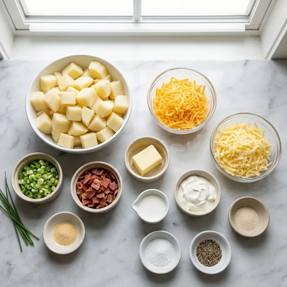 Ingredients for twice baked potato casserole including potatoes, cheese, sour cream, bacon, and green onions