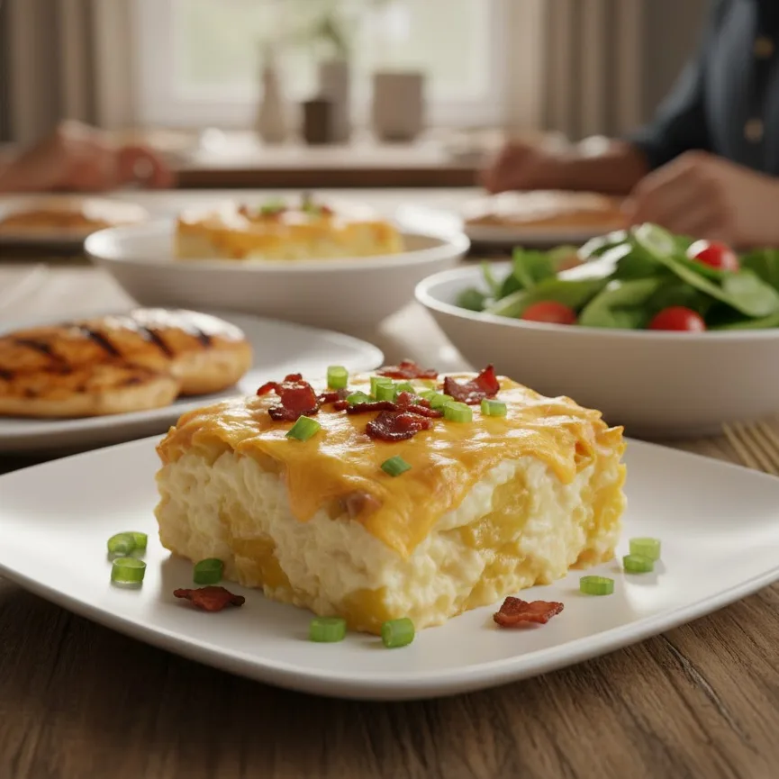 Serving of twice baked potato casserole on a plate with green onions and turkey bacon