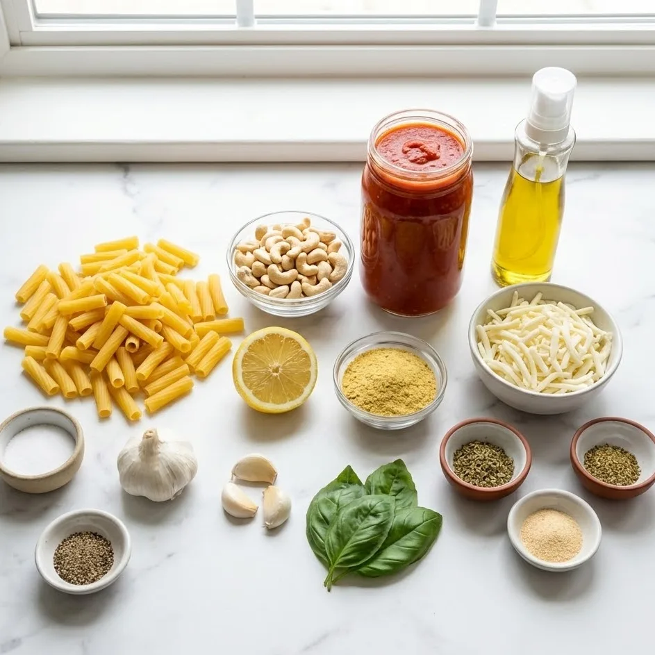 Ingredients for vegan baked ziti including ziti pasta, cashews, marinara sauce, vegan mozzarella, and fresh basil