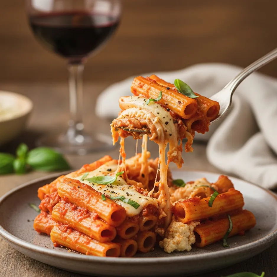 Serving of vegan baked ziti on a plate with creamy pasta layers, marinara sauce, and basil garnish