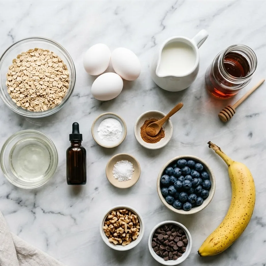Ingredients for baked oatmeal cups including oats eggs milk blueberries and nuts flat lay