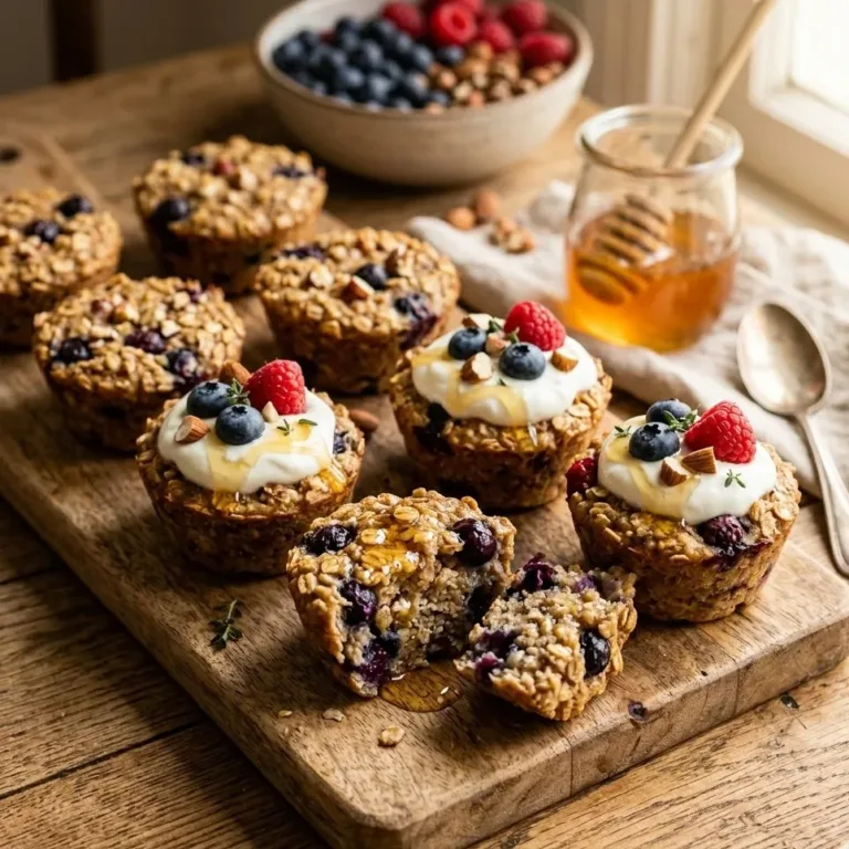Served baked oatmeal cups with yogurt berries and honey healthy breakfast serving idea