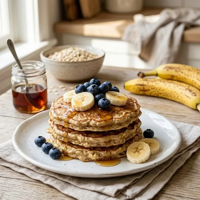 Fluffy Banana Oat Pancakes made with 3 ingredients topped with fresh bananas and maple syrup
