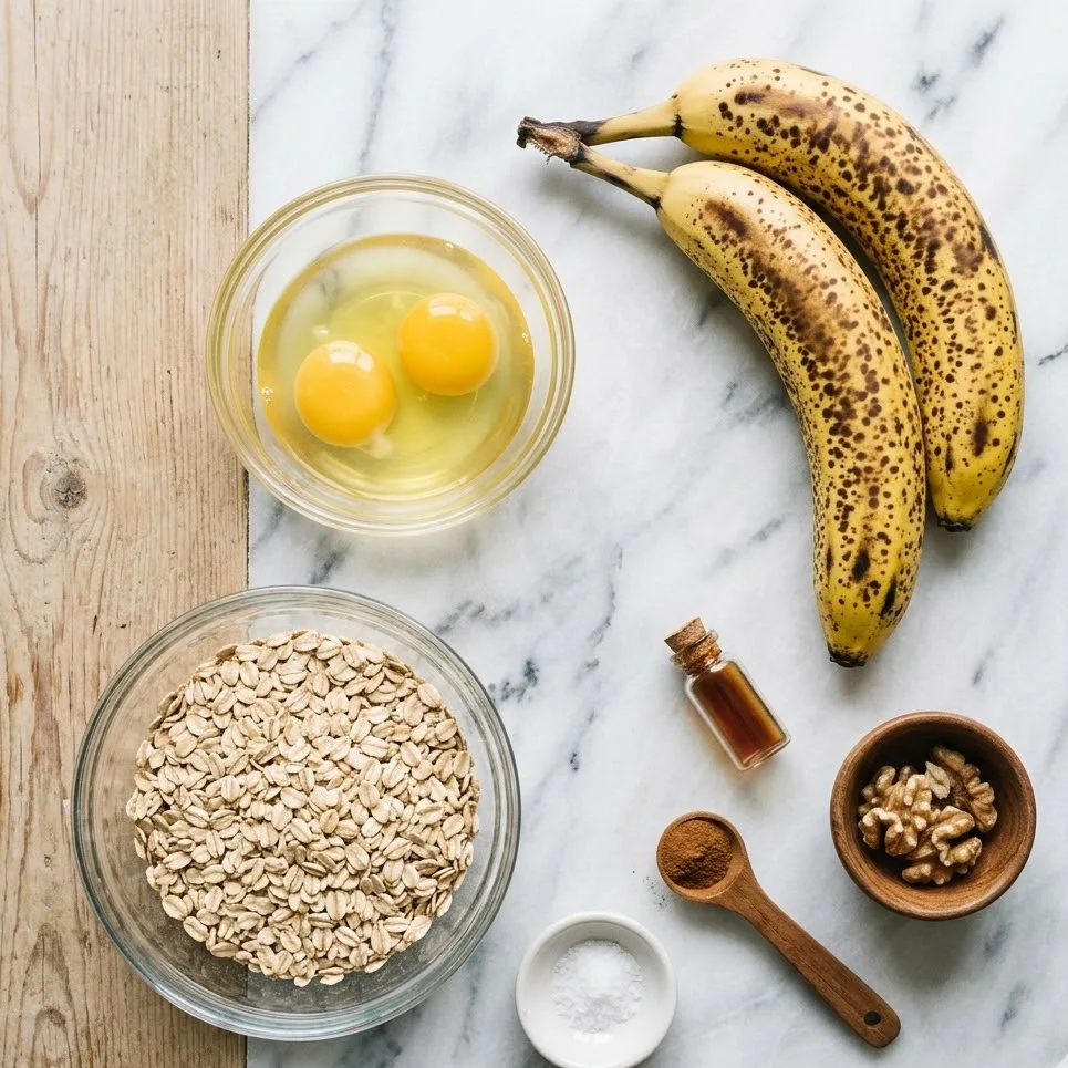 Ingredients for Banana Oat Pancakes including ripe bananas eggs and rolled oats