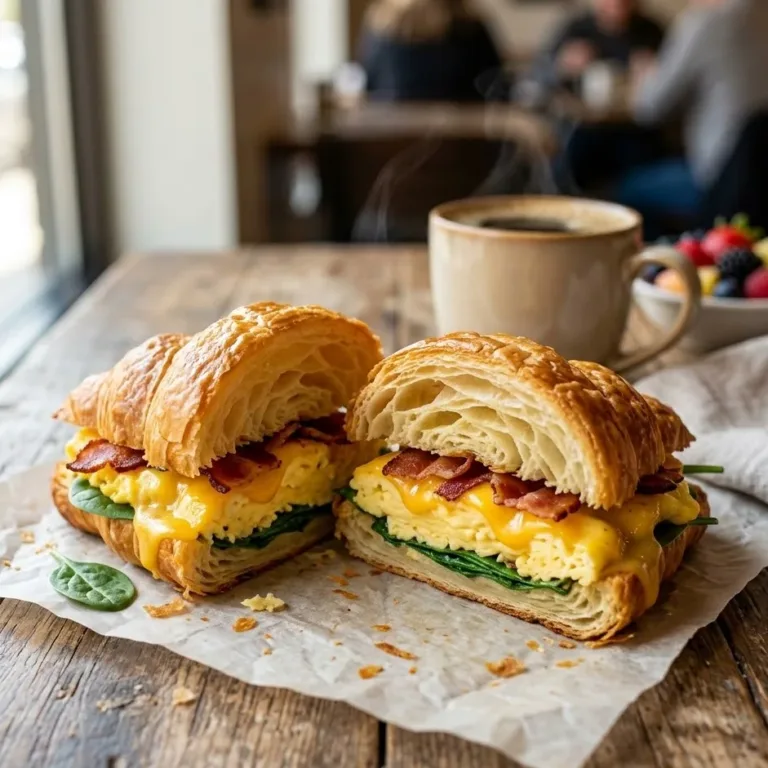 Golden breakfast croissant sandwich with scrambled eggs, cheddar cheese and turkey bacon on rustic table