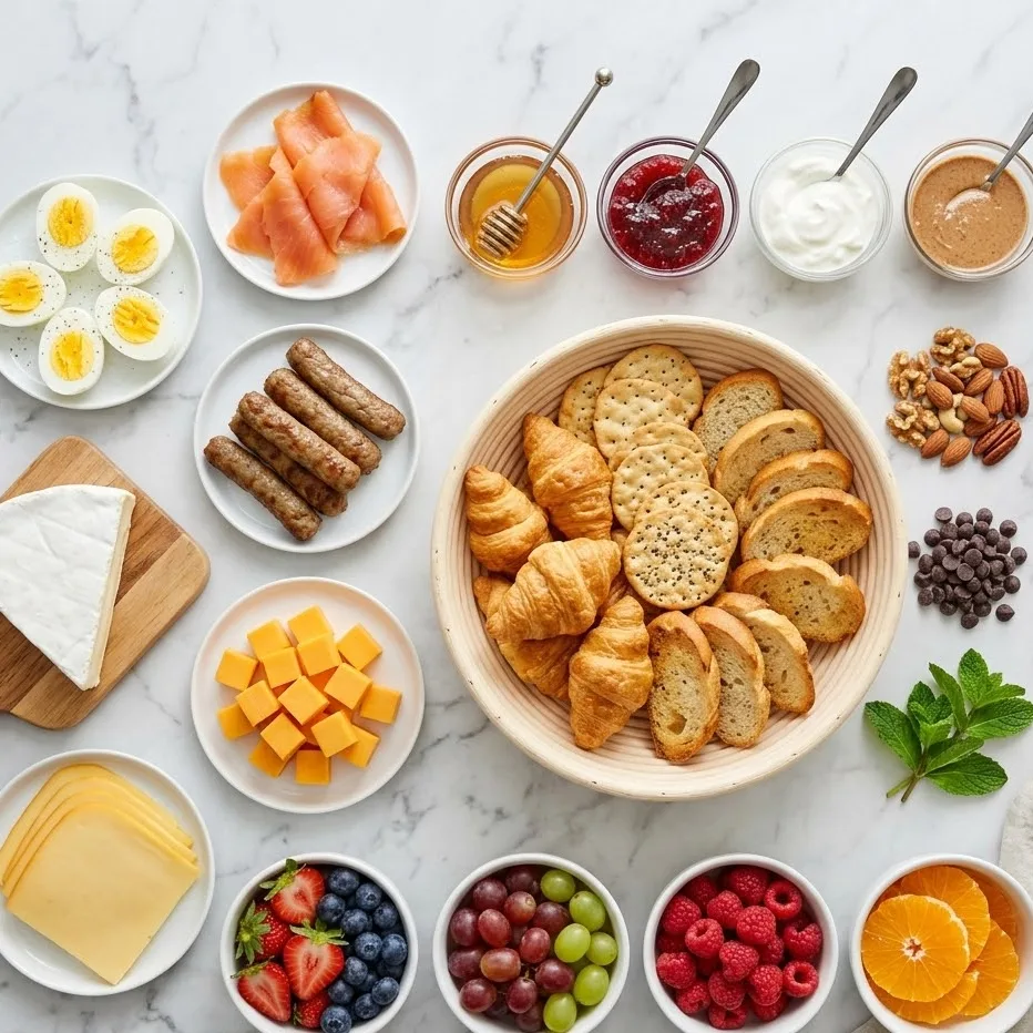 Ingredients for breakfast charcuterie board including fruits, cheeses, eggs, smoked salmon, croissants, and spreads.