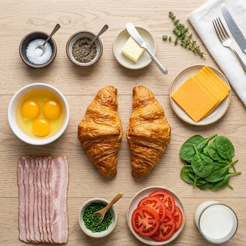 Ingredients for breakfast croissant sandwich including croissants, eggs, cheddar, turkey bacon and spinach