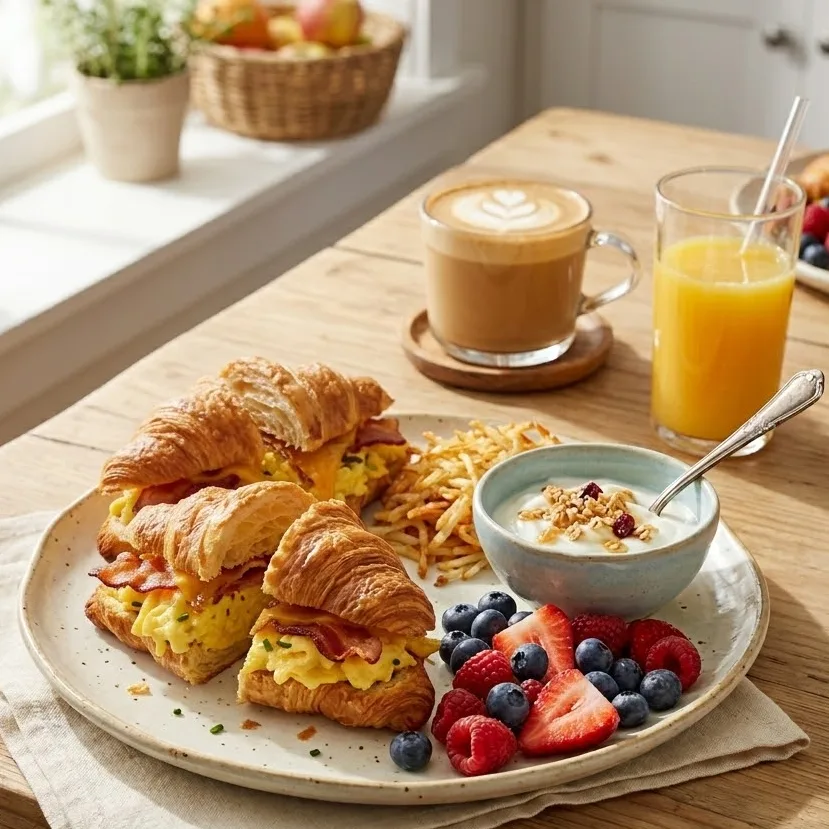 Breakfast croissant sandwich served with fruit, hash browns and yogurt for brunch