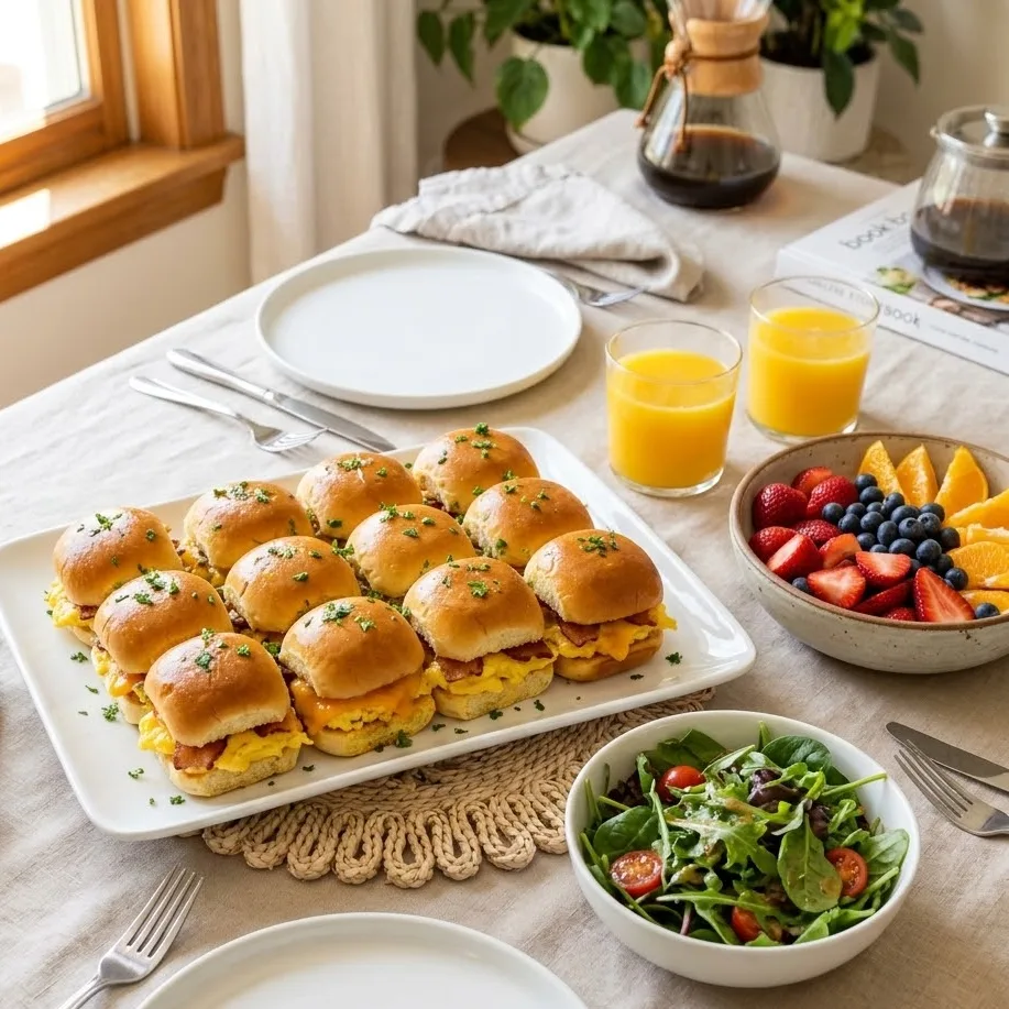 Breakfast sliders served with fruit and orange juice for brunch
