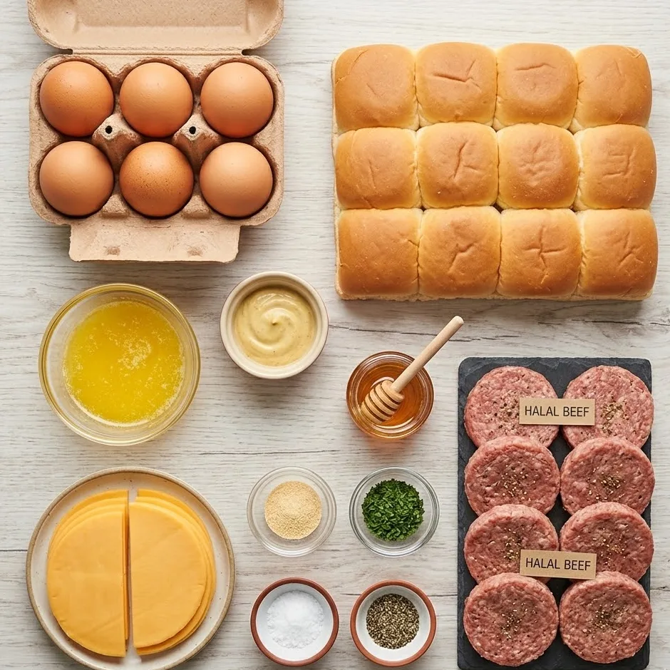 Close-up of breakfast sliders with melted cheddar and scrambled eggs