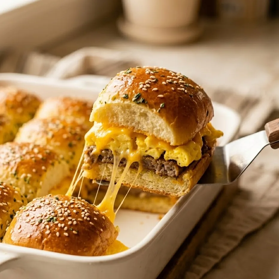 Close-up of breakfast sliders with melted cheddar and scrambled eggs
