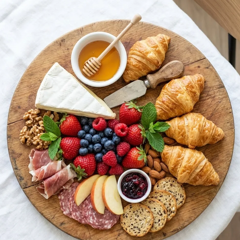Close-up of breakfast charcuterie board with brie, berries, croissants, and honey in small bowls.