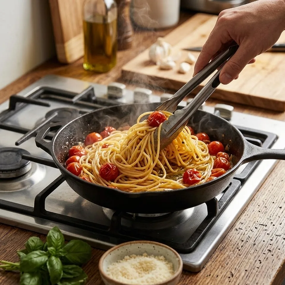 Cooking garlic butter pasta with cherry tomatoes in skillet for a fast pasta recipe