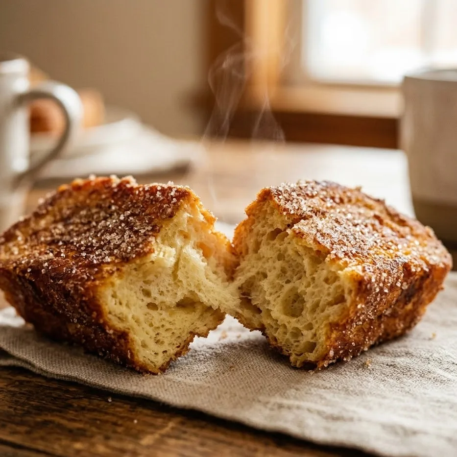 Close-up of crispy French Toast Sticks showing soft fluffy inside texture