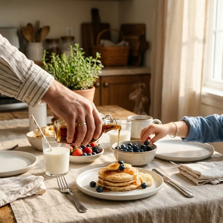 Healthy Banana Oat Pancakes (3 Ingredients) served at a cozy family breakfast table