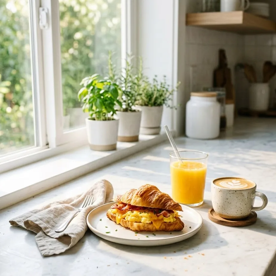 Breakfast croissant sandwich served with coffee and orange juice in bright morning kitchen