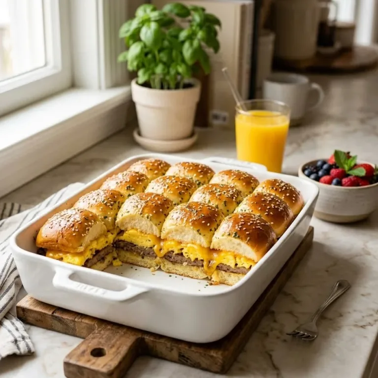 Golden baked breakfast sliders with eggs, cheese, and beef sausage in a casserole dish