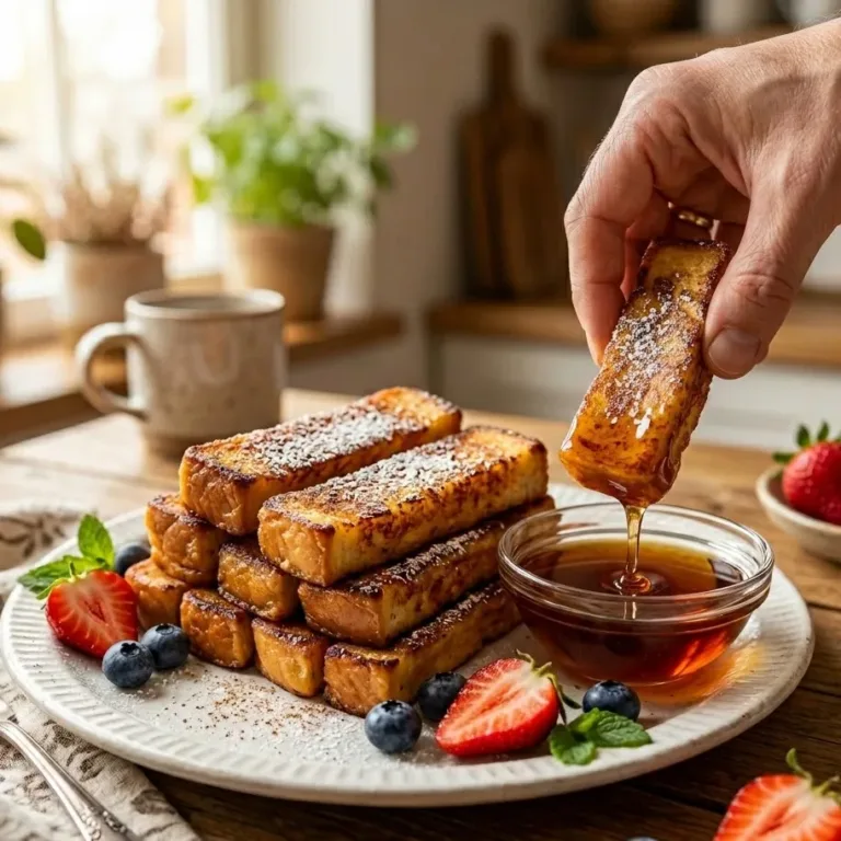 Golden homemade French Toast Sticks with maple syrup and fresh berries on a white plate