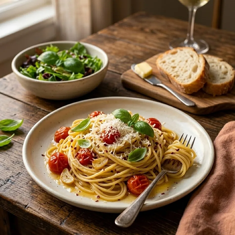Served garlic butter pasta with cherry tomatoes, parmesan and basil for a quick pasta dinner