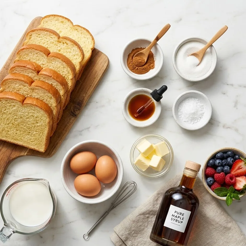 Ingredients for French Toast Sticks including bread, eggs, milk, cinnamon, sugar, and butter