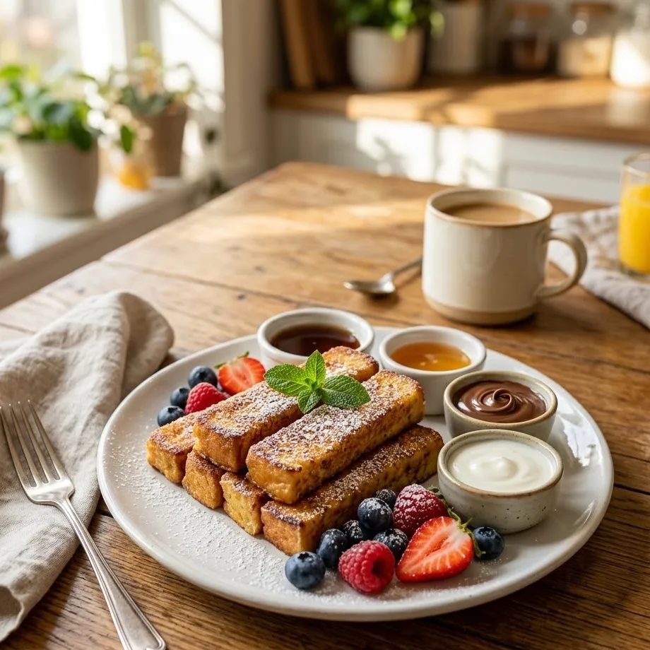 French Toast Sticks served with maple syrup, berries, and dipping sauces