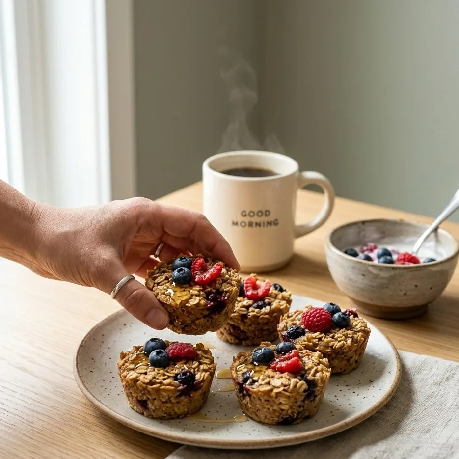 Grab and go baked oatmeal cups with berries and honey, easy healthy breakfast idea