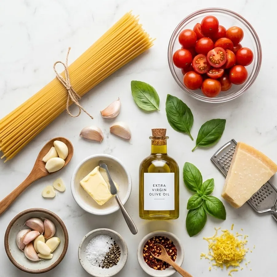 Ingredients for fast pasta recipe including spaghetti, garlic, butter, cherry tomatoes, basil and parmesan