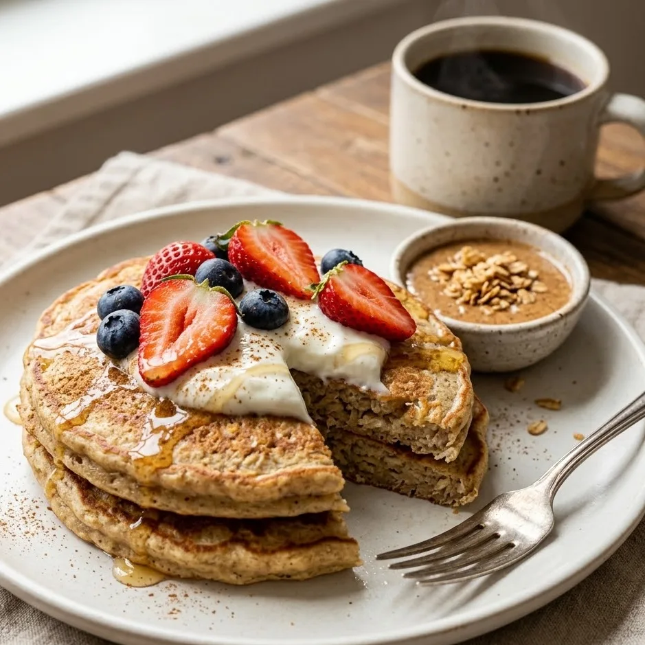 Banana Oat Pancakes (3 Ingredients) topped with Greek yogurt berries and honey