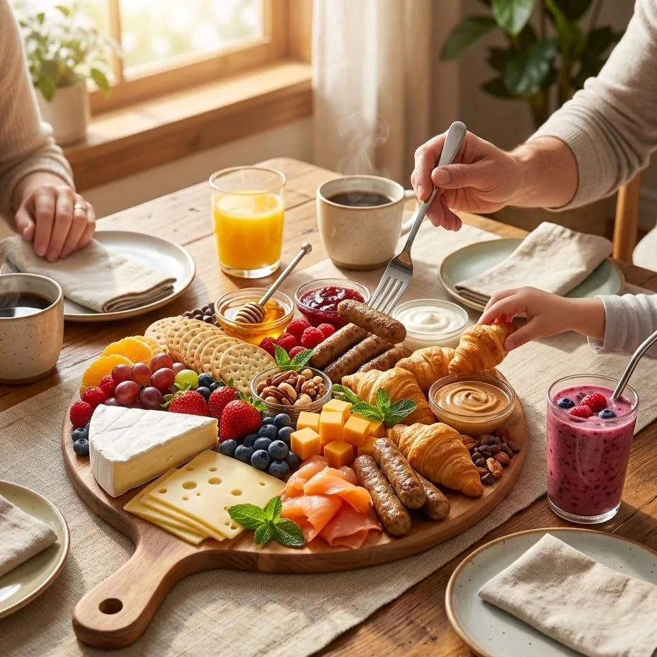 Breakfast charcuterie board served at brunch with coffee, juice, and family-style table setting.