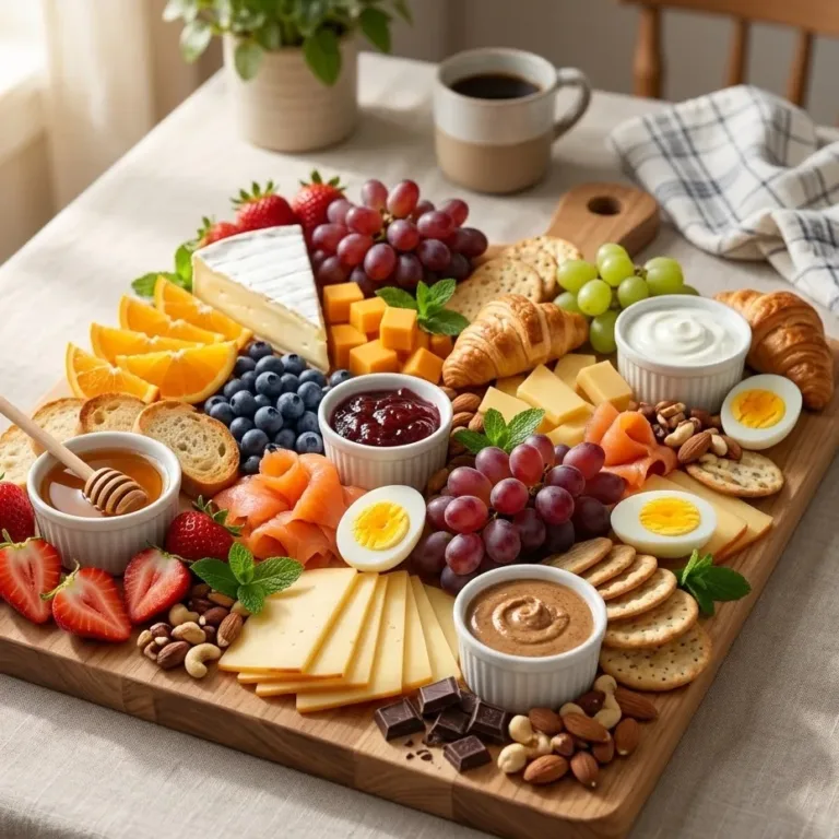 Colorful breakfast charcuterie board with fruits, cheeses, eggs, croissants, and honey on a wooden board.