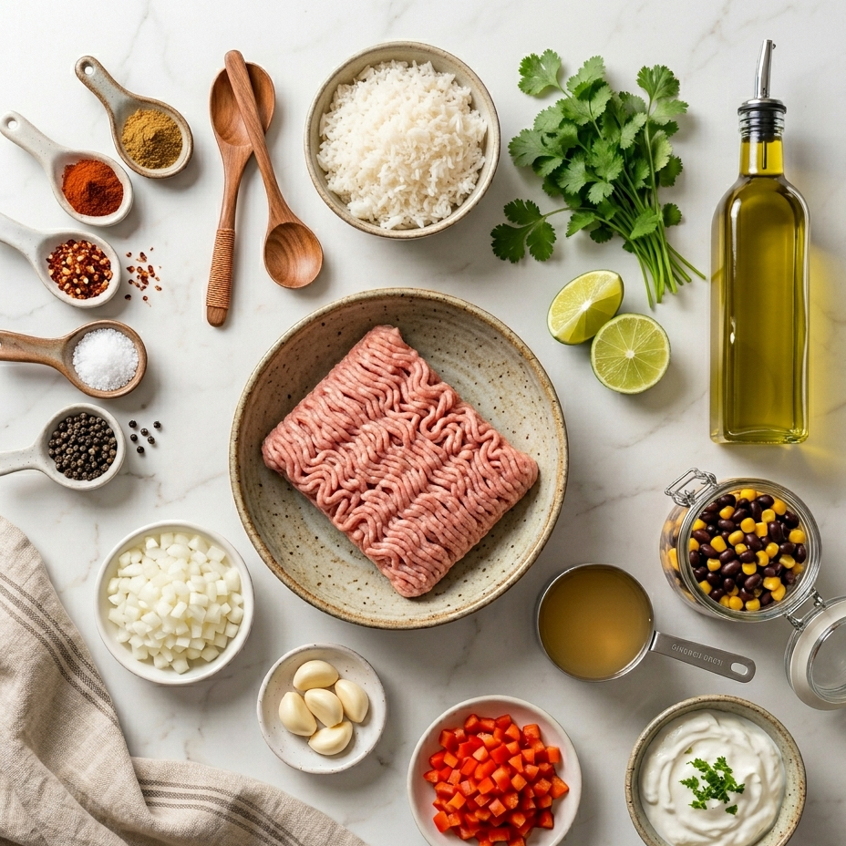 Ingredients for ground turkey dinner ideas including turkey, rice, peppers, tomatoes, and spices
