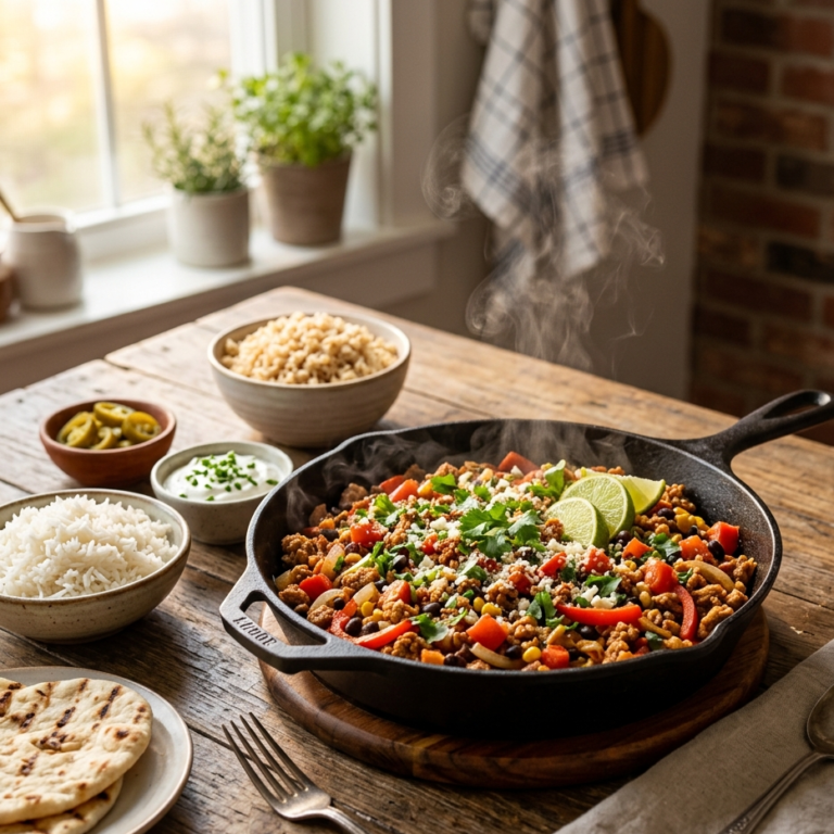 Healthy ground turkey dinner ideas served in a skillet with rice, peppers, and fresh cilantro