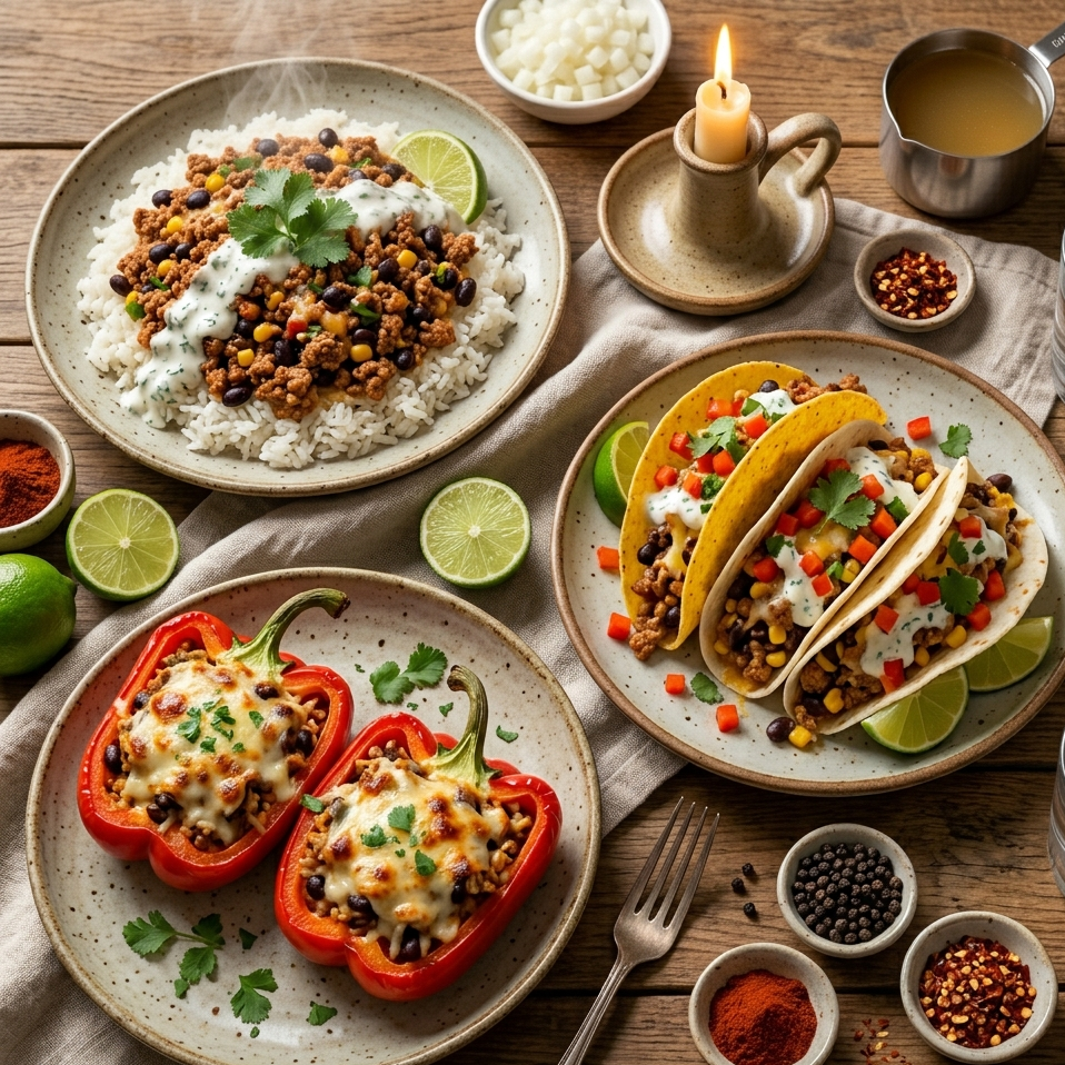 Ground turkey dinner ideas served as tacos stuffed peppers and rice bowls