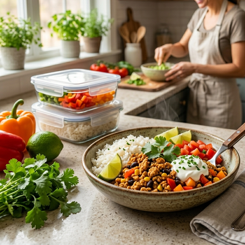 Ground turkey dinner bowl with rice and vegetables for an easy healthy weeknight meal
